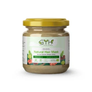 A glass jar of Get Your Herbs Natural Hair Mask with a gold lid, showing its 100% natural formula to reduce hair fall and stimulate growth.