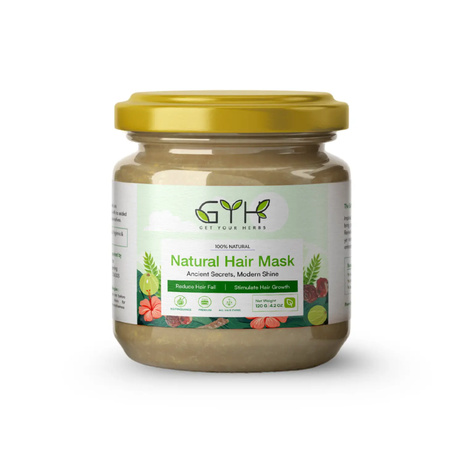 Get Your Herbs 100% Natural Hair Mask for Hair Growth A glass jar of Get Your Herbs Natural Hair Mask with a gold lid, showing its 100% natural formula to reduce hair fall and stimulate growth.
