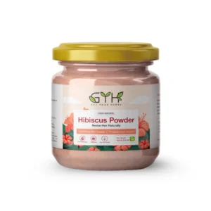 A glass jar of Get Your Herbs 100% Natural Hibiscus Powder with a gold lid, designed to condition hair deeply and promote hair growth.