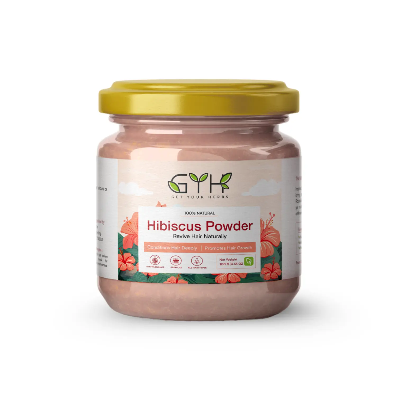 Get Your Herbs Natural Hibiscus Powder for Hair A glass jar of Get Your Herbs 100% Natural Hibiscus Powder with a gold lid, designed to condition hair deeply and promote hair growth.