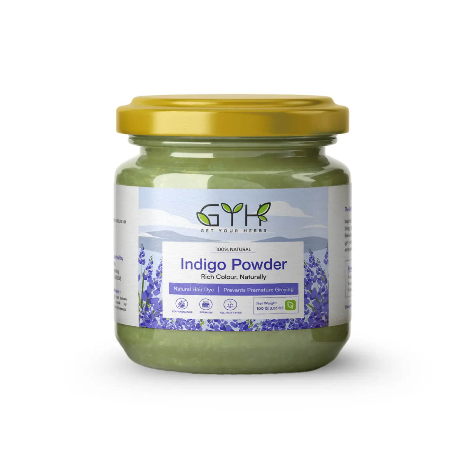 Get Your Herbs Natural Indigo Powder for Hair Color A glass jar of Get Your Herbs 100% Natural Indigo Powder with a gold lid, a natural hair dye that provides rich color and prevents premature greying.