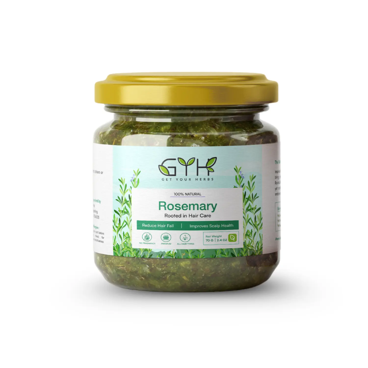 Get Your Herbs Natural Rosemary for Hair Growth A glass jar of Get Your Herbs 100% Natural Rosemary with a gold lid, a hair care product designed to reduce hair fall and improve scalp health.