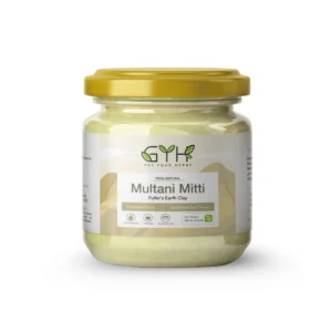 A glass jar of Get Your Herbs 100% Natural Multani Mitti, also known as Fuller's Earth Clay, for cleansing pores and brightening skin.