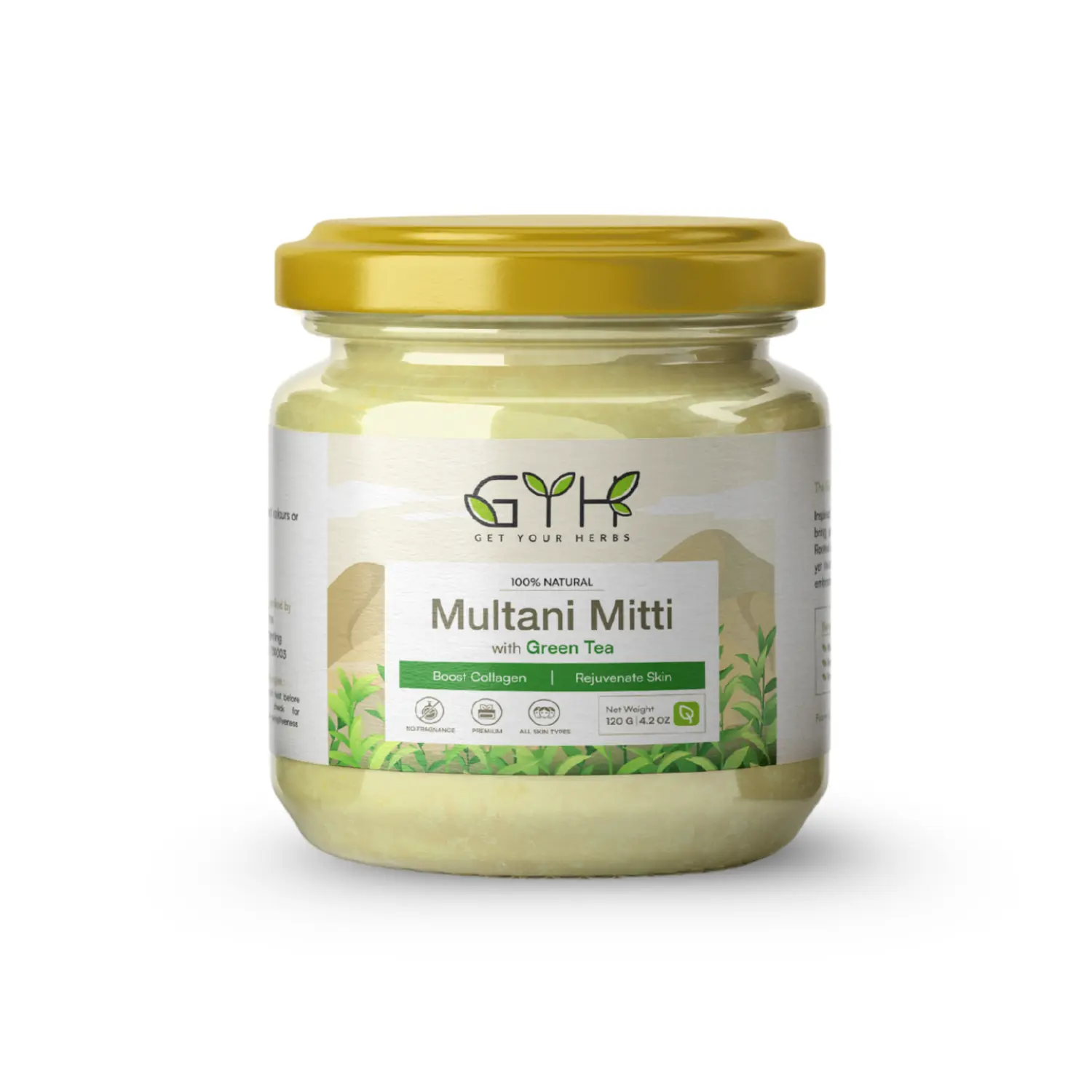 Get Your Herbs Multani Mitti with Green Tea Face Pack A glass jar of Get Your Herbs 100% Natural Multani Mitti with Green Tea, a face mask designed to boost collagen and rejuvenate skin.