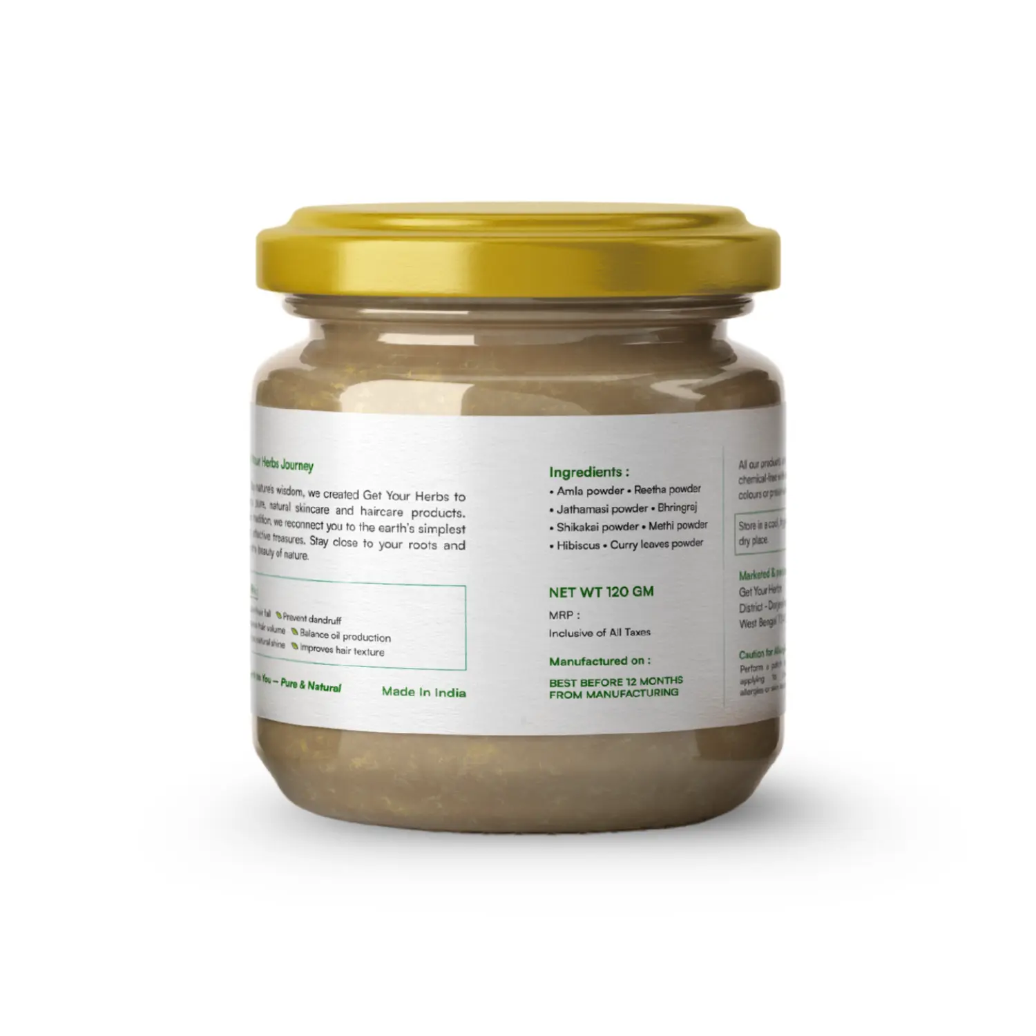 Herbal Ingredients | Get Your Herbs Natural Hair Mask The back of the Get Your Herbs Natural Hair Mask, listing its powerful ingredients including Amla, Bhringraj, Shikakai, and Hibiscus powder.