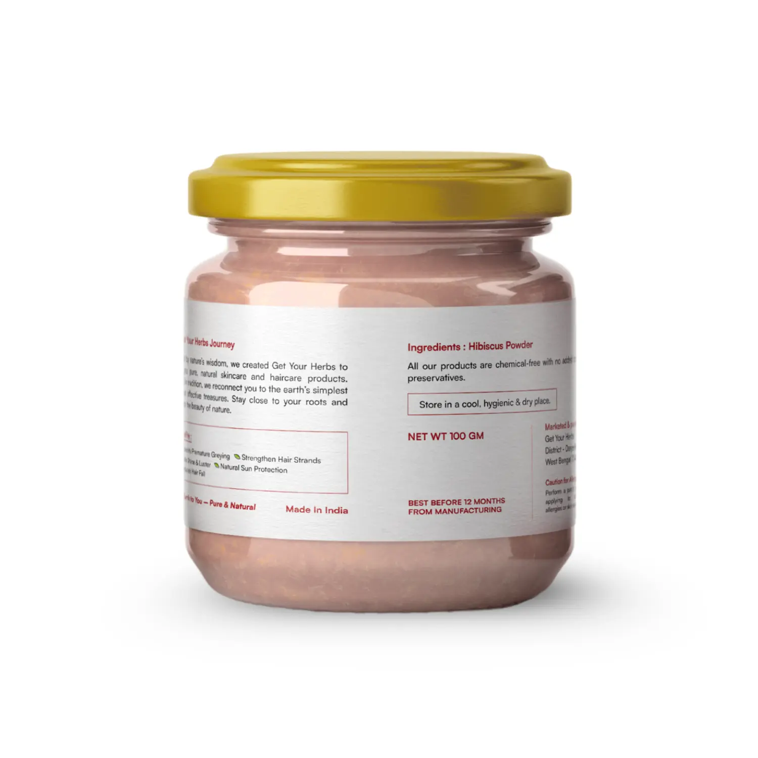 Pure Hibiscus Powder Ingredients | Get Your Herbs The back of the Get Your Herbs Hibiscus Powder jar, showing the single ingredient as 'Hibiscus Powder' and confirming it is chemical-free and made in India.