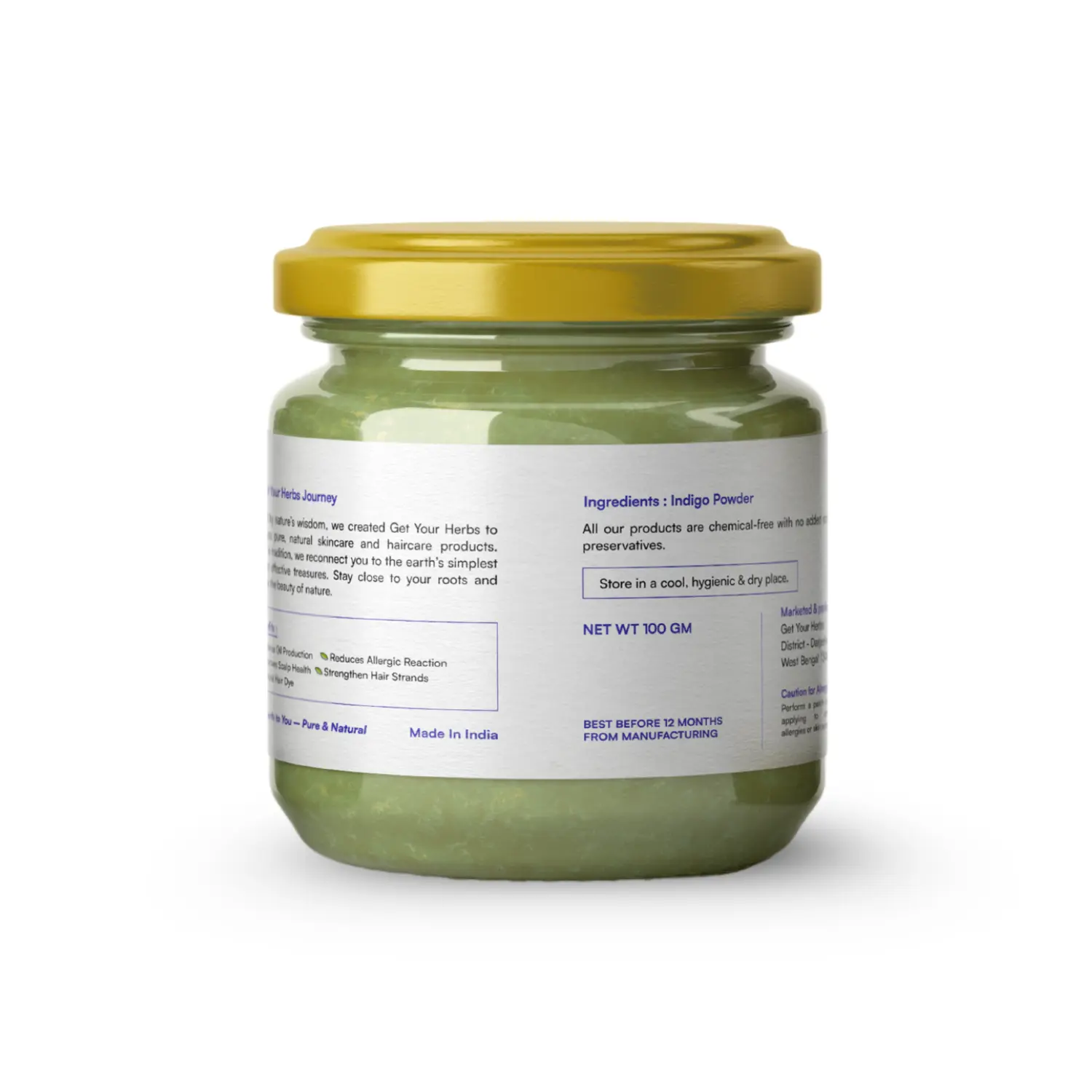 Pure Indigo Powder Ingredients | Get Your Herbs The back of the Get Your Herbs Indigo Powder jar, showing the single ingredient as 'Indigo Powder' and confirming the product is natural and made in India.