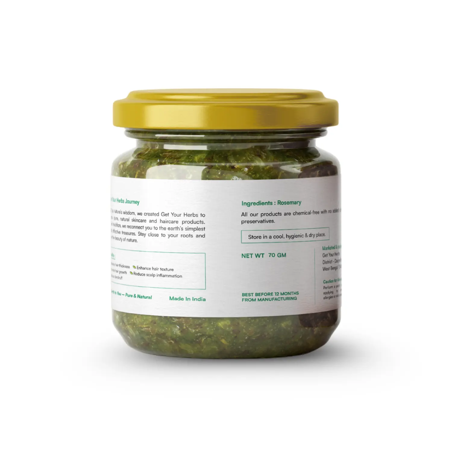 Pure & Natural Rosemary Ingredients | Get Your Herbs The back of the Get Your Herbs Rosemary jar, showing the single ingredient as 'Rosemary' and confirming the product is chemical-free and made in India.
