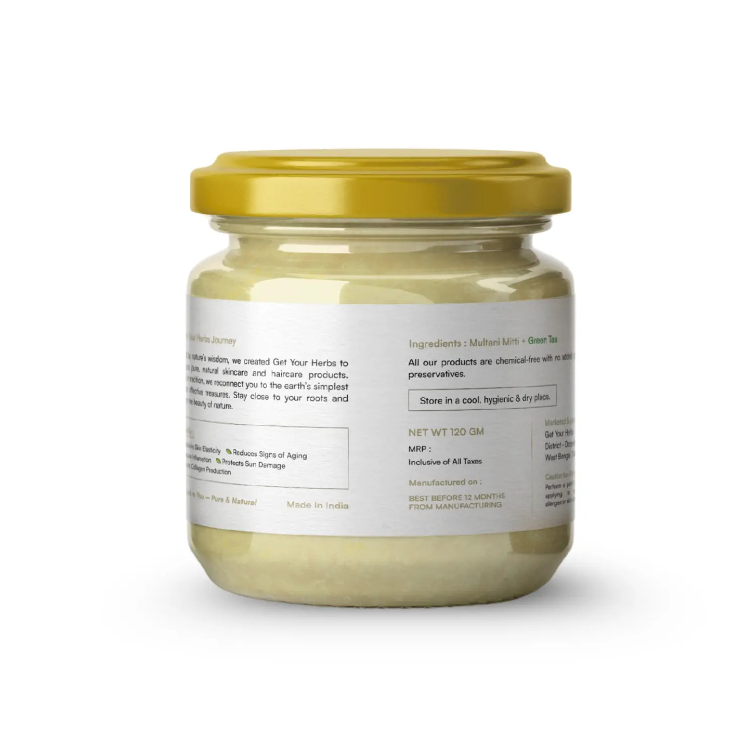 Pure Ingredients | Multani Mitti & Green Tea Mask The back of the Get Your Herbs Multani Mitti with Green Tea jar, showing the ingredients and confirming the product is natural and chemical-free.