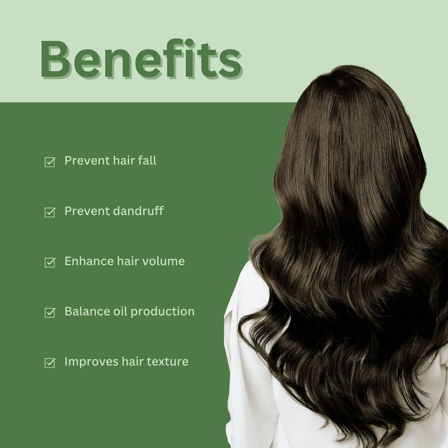 Benefits of Natural Hair Mask for Hair and Scalp Health A woman with voluminous, healthy hair next to a list of benefits for the hair mask, including preventing hair fall and dandruff, and enhancing volume.
