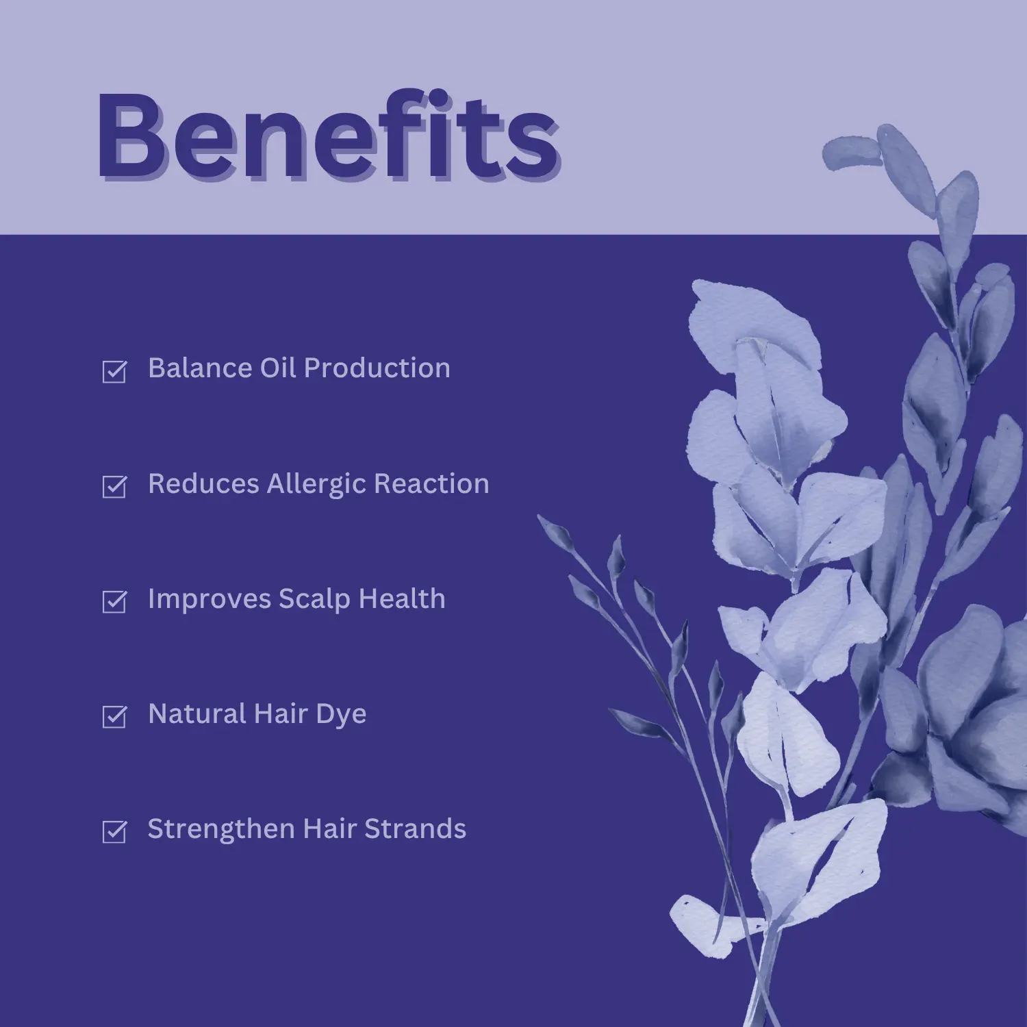 Benefits of Indigo Powder for Hair and Scalp An infographic with indigo plant illustrations listing the benefits of Indigo Powder, including being a natural hair dye, improving scalp health, and strengthening hair.