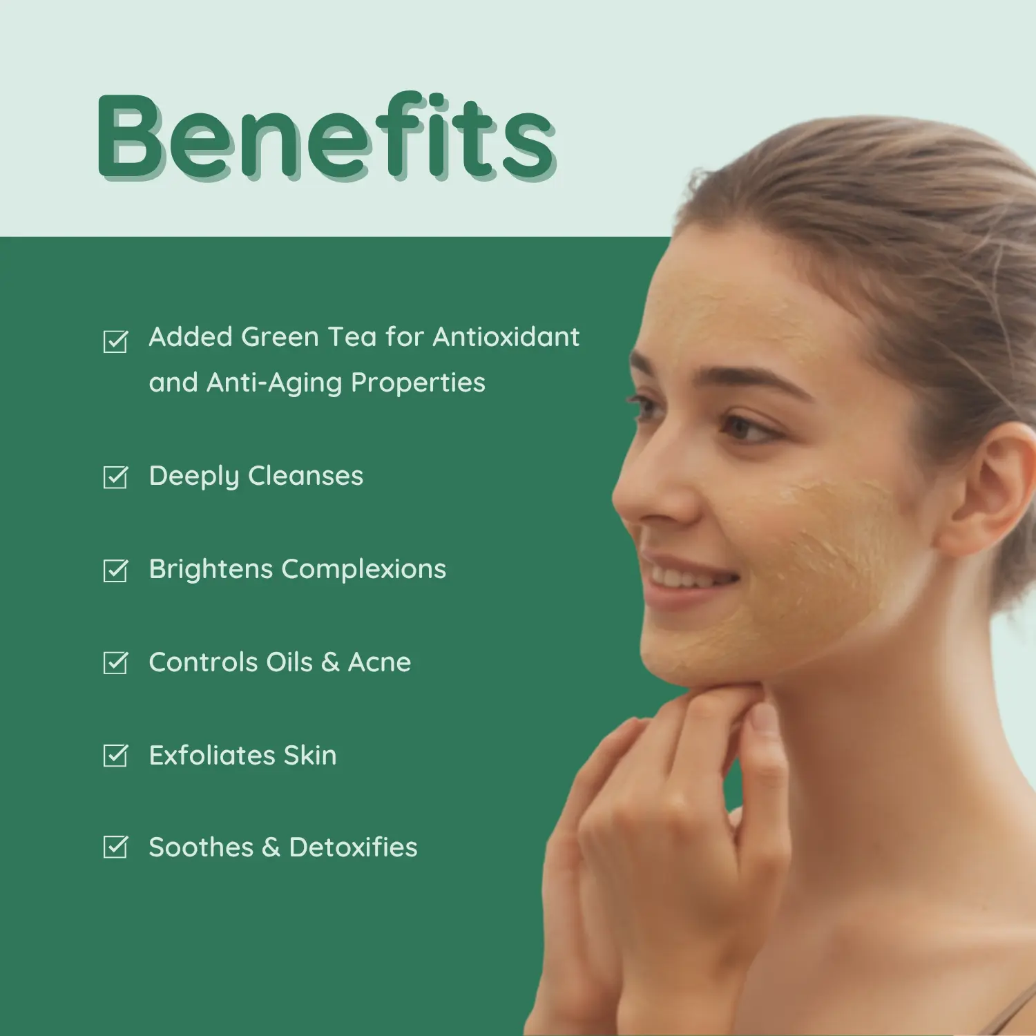 Benefits of Multani Mitti with Green Tea for Skin An infographic showing a woman with a face mask and listing the benefits of Multani Mitti with Green Tea, including antioxidant properties, deep cleansing, and oil control.