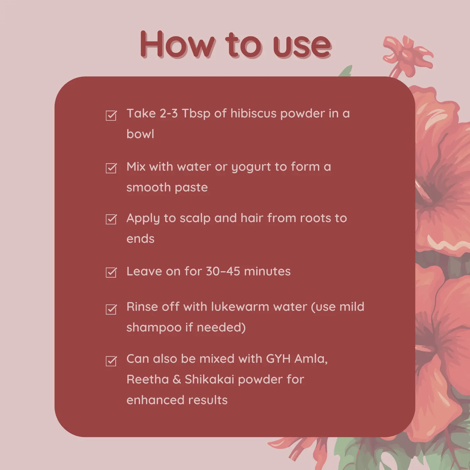 How to Use Hibiscus Powder for a Hair Mask A step-by-step guide on how to use hibiscus powder as a hair mask, including mixing instructions, application, and rinsing, with a hibiscus flower background.