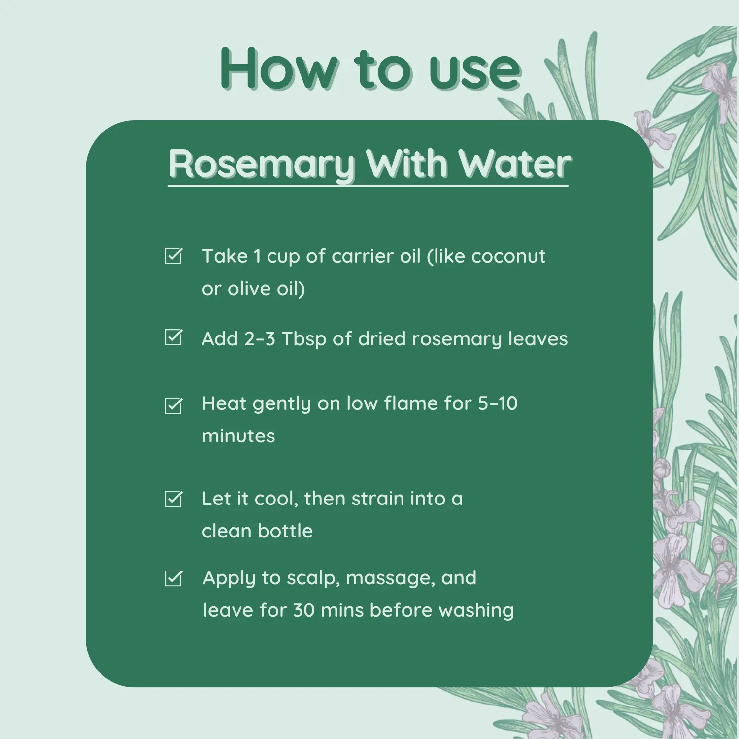 How to Make Rosemary-Infused Oil for Hair A step-by-step guide on how to make rosemary-infused oil for hair, showing instructions to heat dried rosemary leaves in a carrier oil.