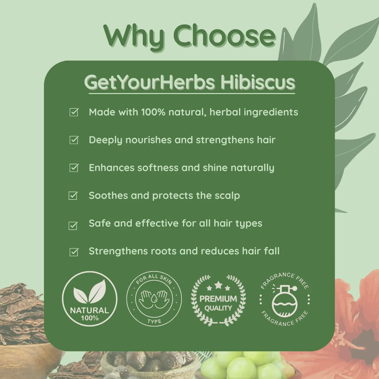 Why Choose Get Your Herbs Natural & Herbal Hair Care An infographic detailing the reasons to choose GetYourHerbs Hibiscus mask, such as its 100% natural ingredients that nourish hair and reduce hair fall.