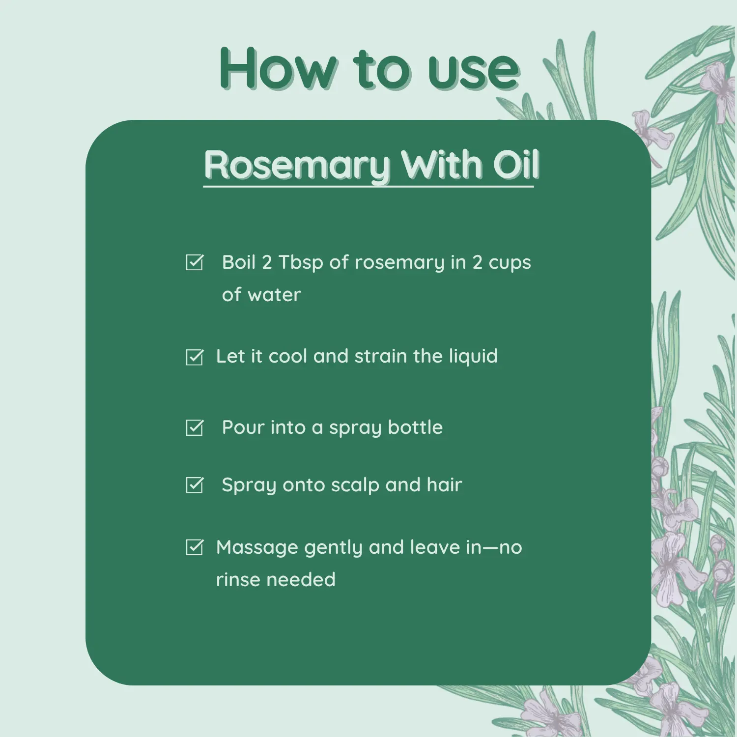 How to Make a Rosemary Water Hair Rinse & Scalp Spray An infographic showing how to make a rosemary water rinse for hair, with instructions to boil rosemary in water and use it as a leave-in scalp spray.