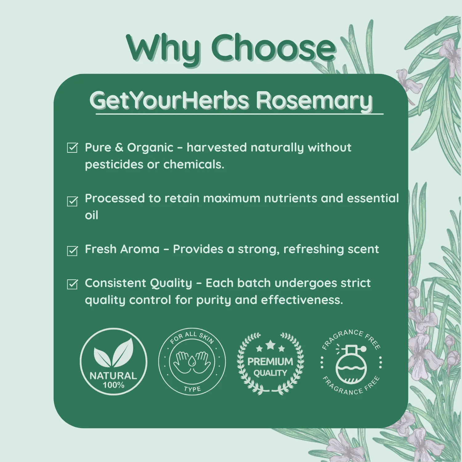 Why Choose Get Your Herbs Organic Rosemary An infographic detailing the reasons to choose Get Your Herbs Rosemary, highlighting that it is pure, organic, quality-controlled, and has a fresh aroma.